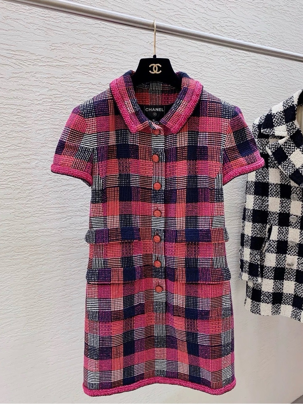 ❌hold❌CHANEL Pink Red Navy Plaid Tweed Jacket